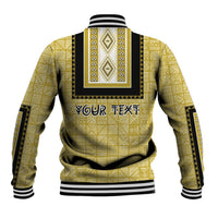 Yellow dashiki baseball jacket with 'YOUR TEXT' graphic on back and ribbed hem
