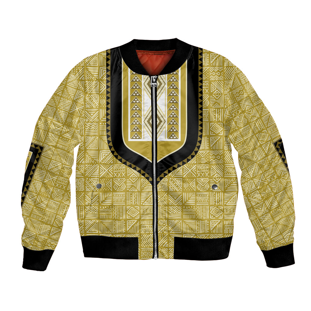 Yellow dashiki bomber jacket with geometric pattern, front zipper, and side pockets
