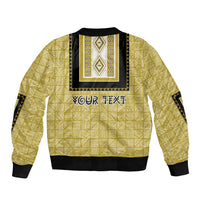 Yellow dashiki bomber jacket back with geometric print and 'YOUR TEXT' graphic