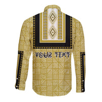 Yellow dashiki button shirt back view with custom text print and patterned yoke