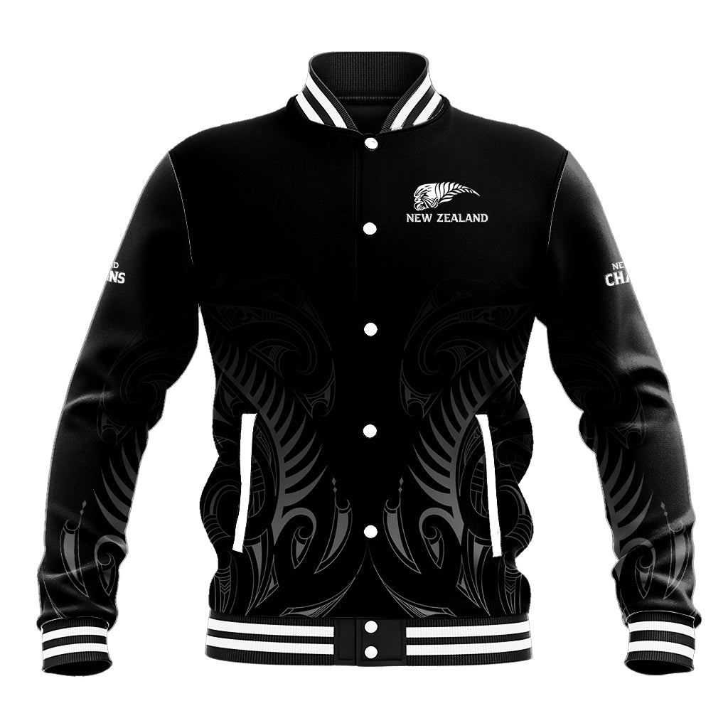 Black varsity baseball jacket with striped rib collar, snap buttons, New Zealand chest logo