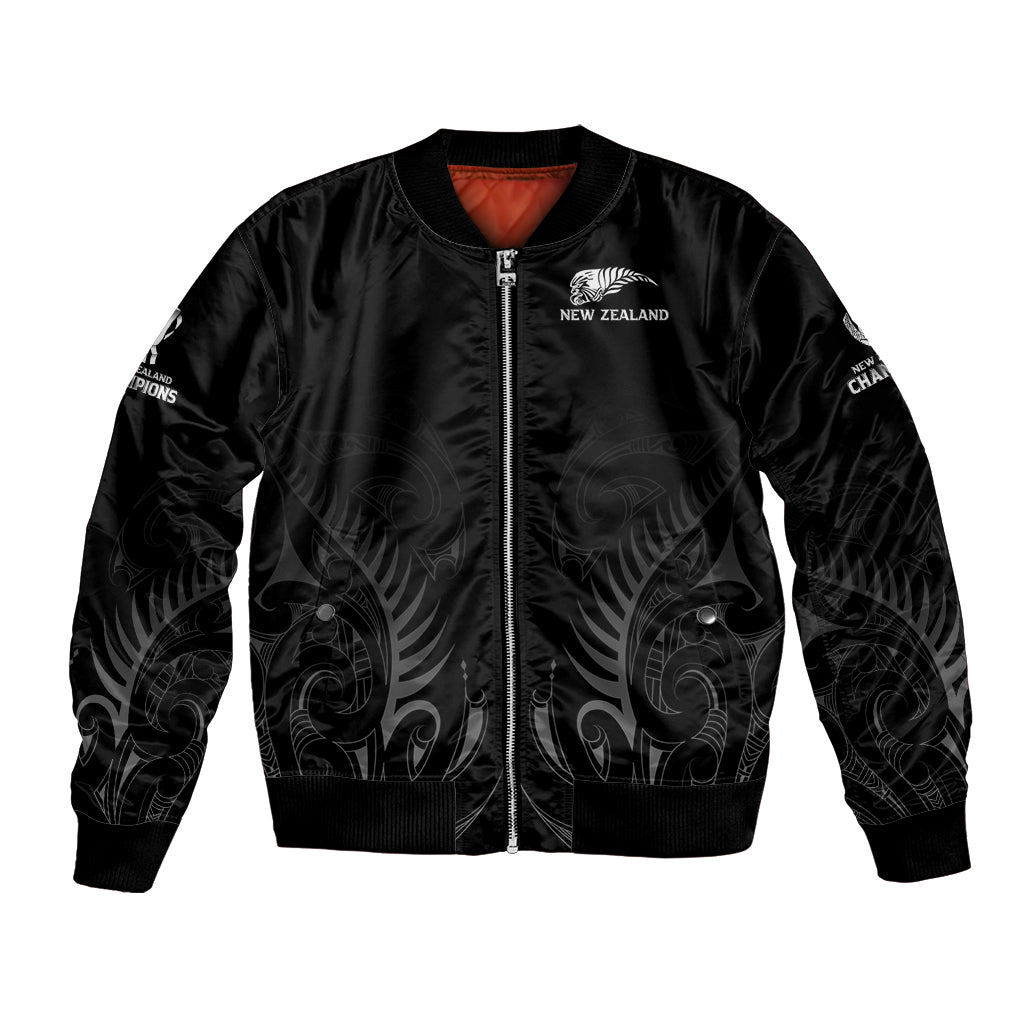 Black bomber jacket with full-zip front, NZ logo, and ribbed cuffs and hem