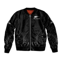 Black bomber jacket with full-zip front, NZ logo, and ribbed cuffs and hem