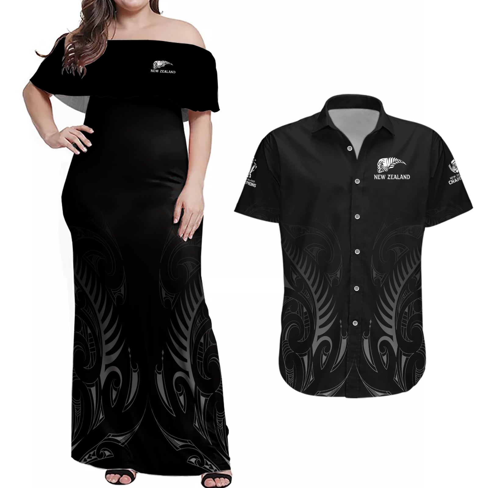 New Zealand Couples Matching Off Shoulder Maxi Dress and Hawaiian Shirt Rugby 2023 Champions Black - Wonder Print Shop