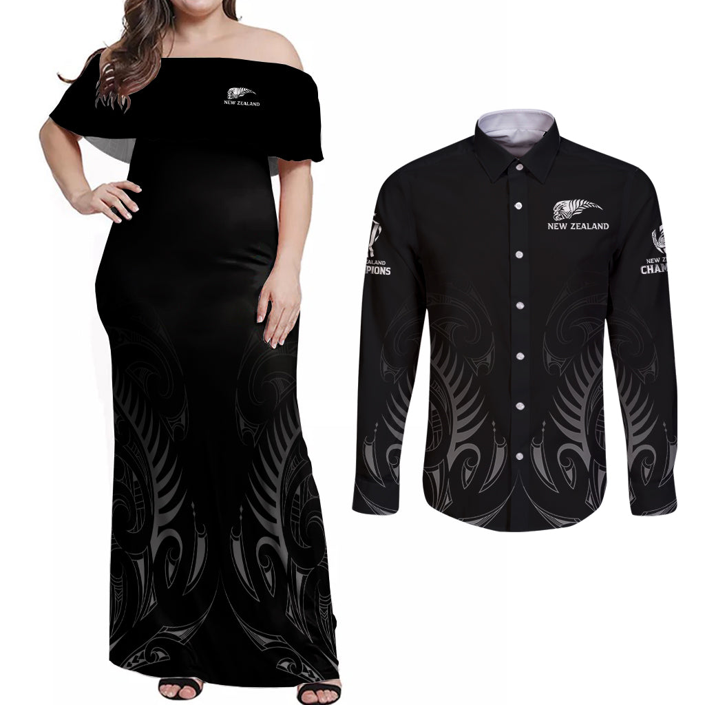 New Zealand Couples Matching Off Shoulder Maxi Dress and Long Sleeve Button Shirt Rugby 2023 Champions Black - Wonder Print Shop