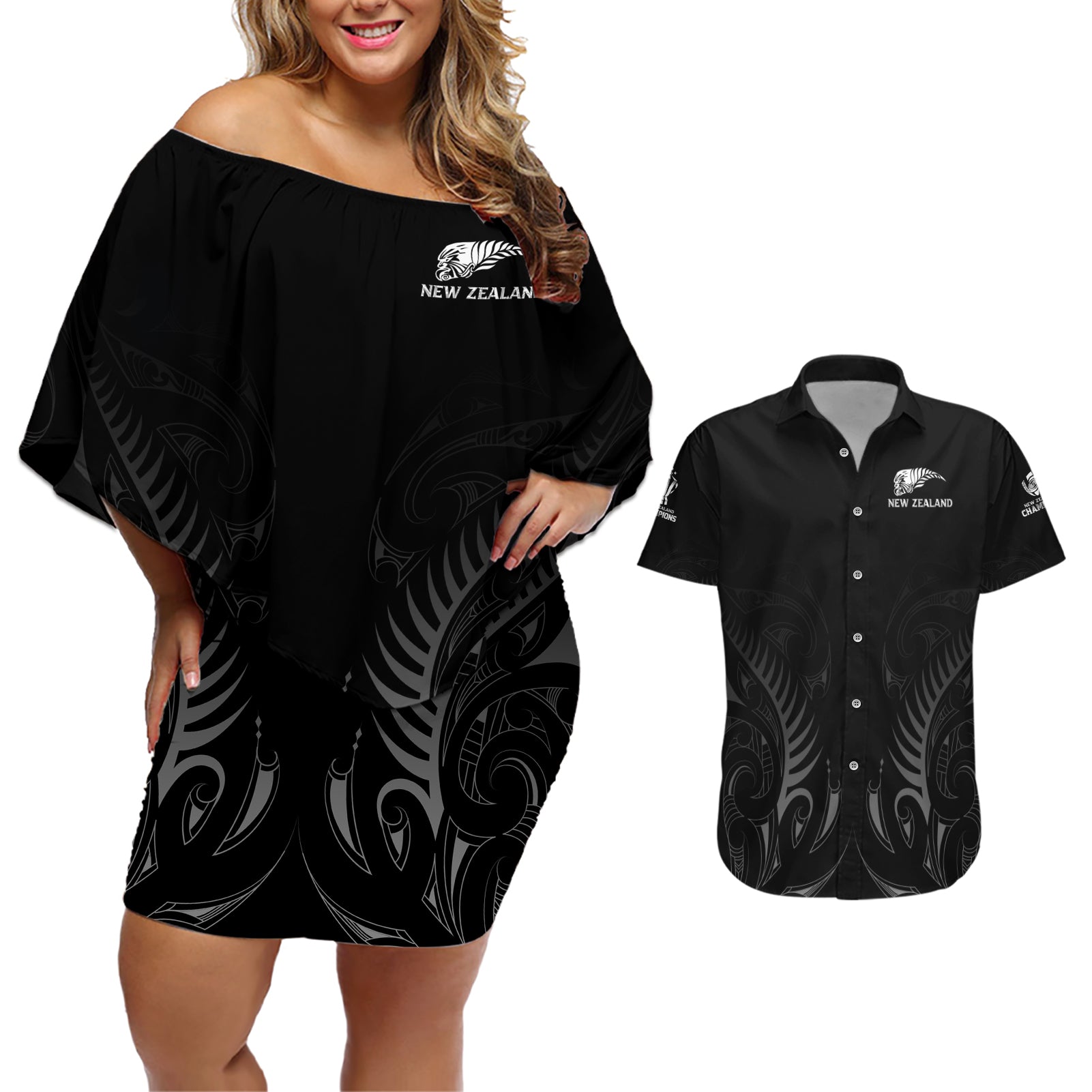 New Zealand Couples Matching Off Shoulder Short Dress and Hawaiian Shirt Rugby 2023 Champions Black - Wonder Print Shop