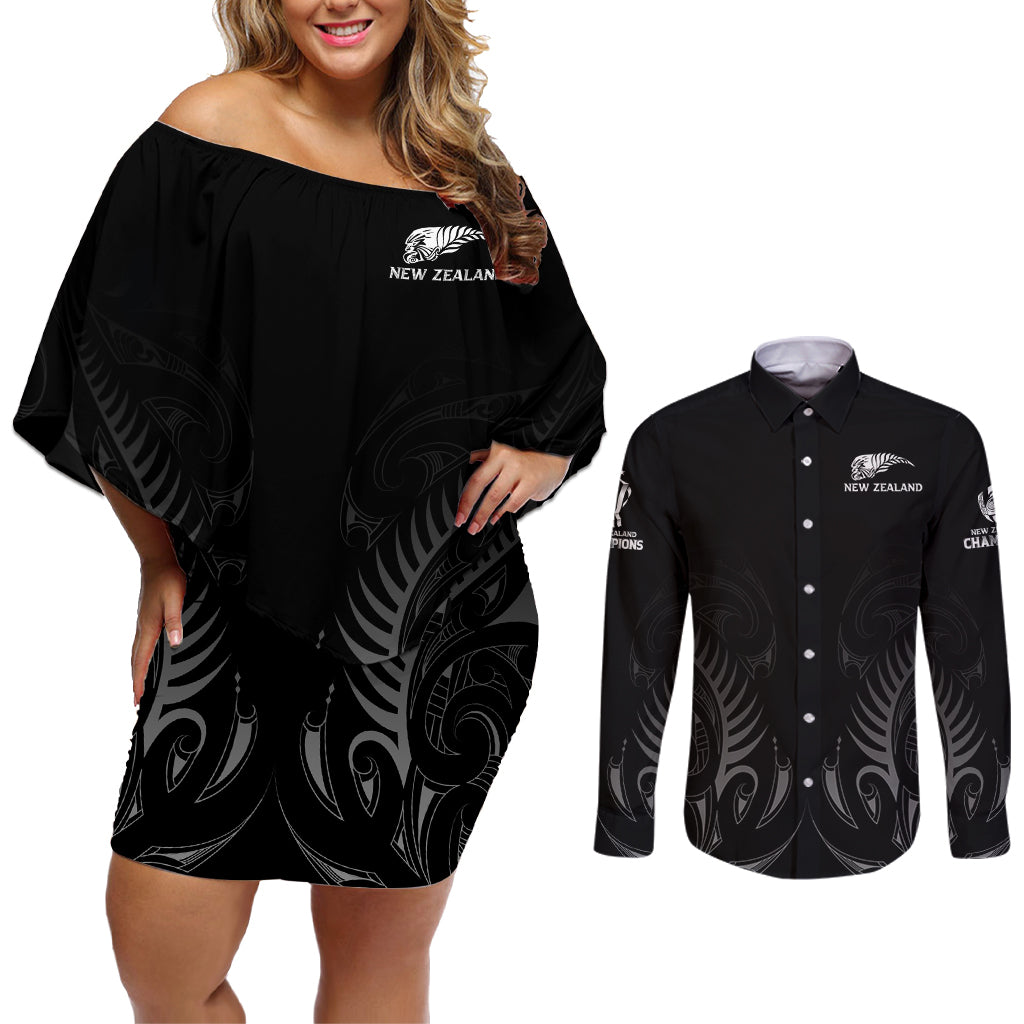 New Zealand Couples Matching Off Shoulder Short Dress and Long Sleeve Button Shirt Rugby 2023 Champions Black - Wonder Print Shop