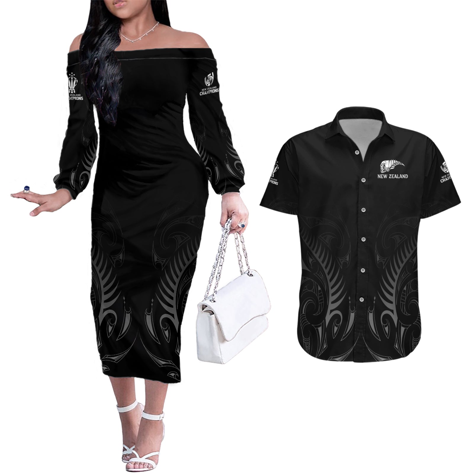 New Zealand Couples Matching Off The Shoulder Long Sleeve Dress and Hawaiian Shirt Rugby 2023 Champions Black - Wonder Print Shop