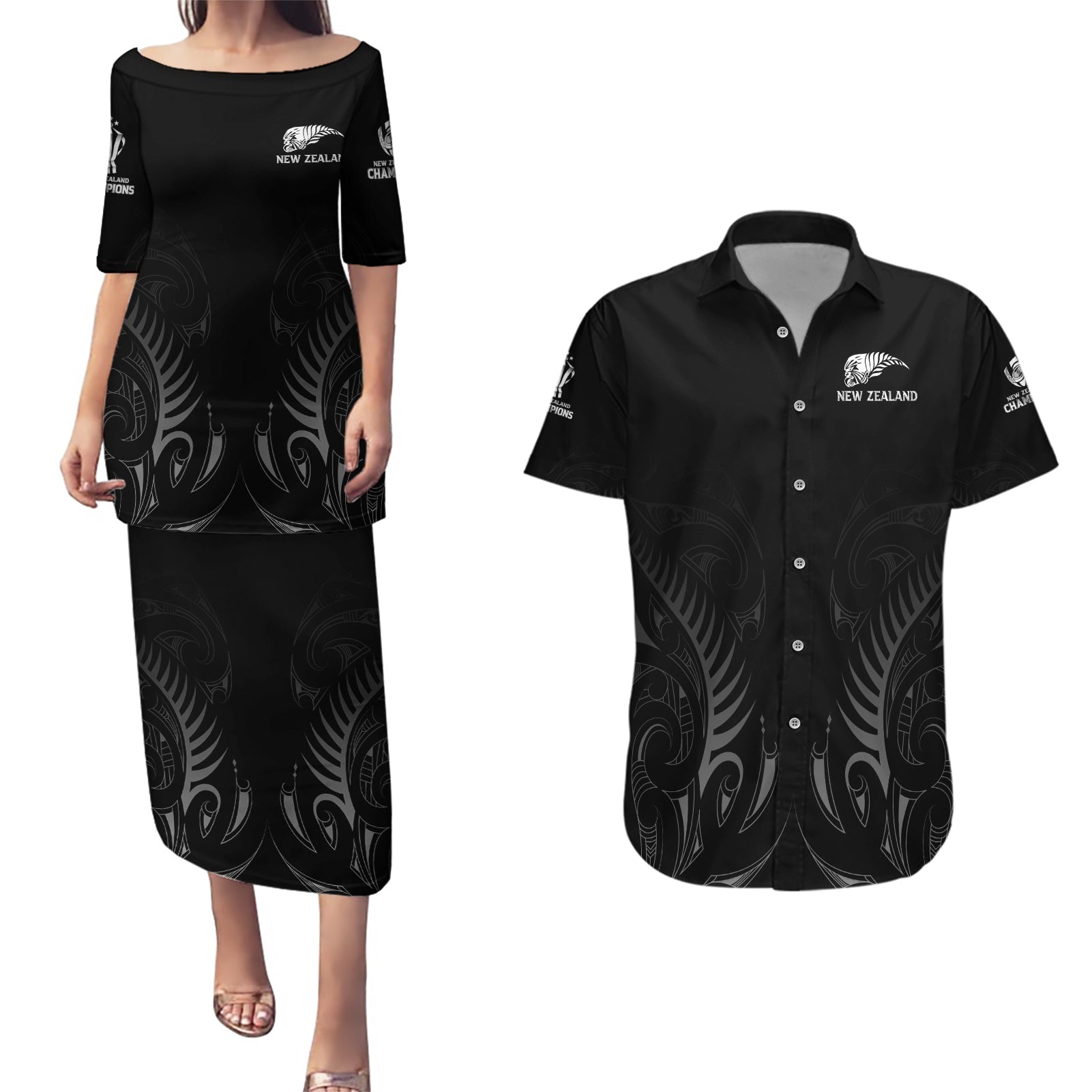 New Zealand Couples Matching Puletasi Dress and Hawaiian Shirt Rugby 2023 Champions Black - Wonder Print Shop