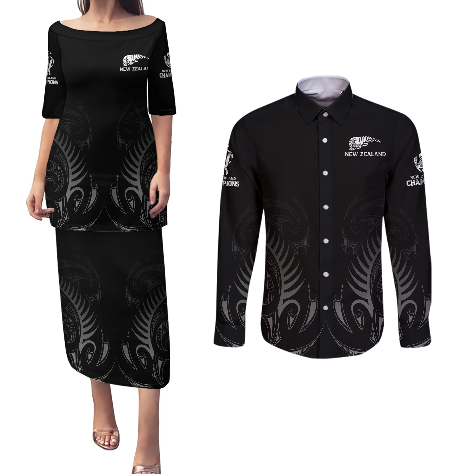 New Zealand Couples Matching Puletasi Dress and Long Sleeve Button Shirt Rugby 2023 Champions Black - Wonder Print Shop