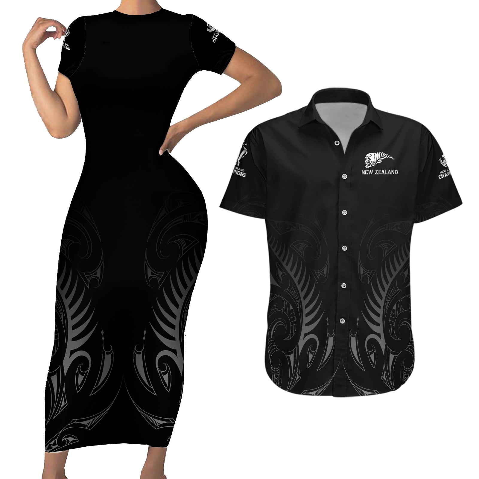 New Zealand Couples Matching Short Sleeve Bodycon Dress and Hawaiian Shirt Rugby 2023 Champions Black - Wonder Print Shop