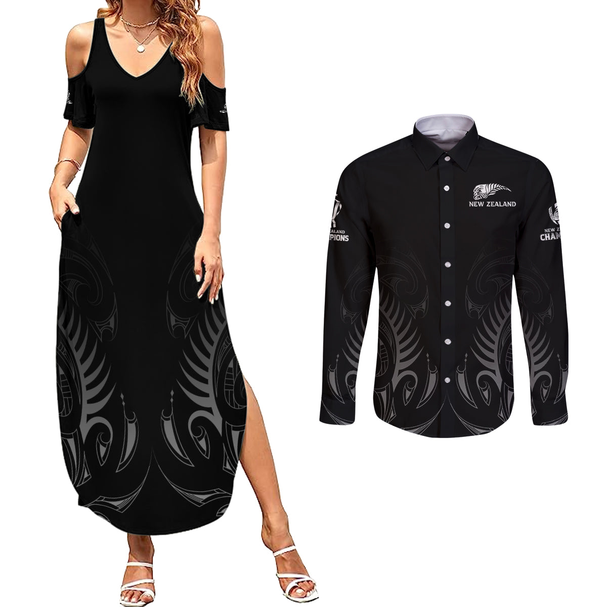 New Zealand Couples Matching Summer Maxi Dress and Long Sleeve Button Shirt Rugby 2023 Champions Black - Wonder Print Shop