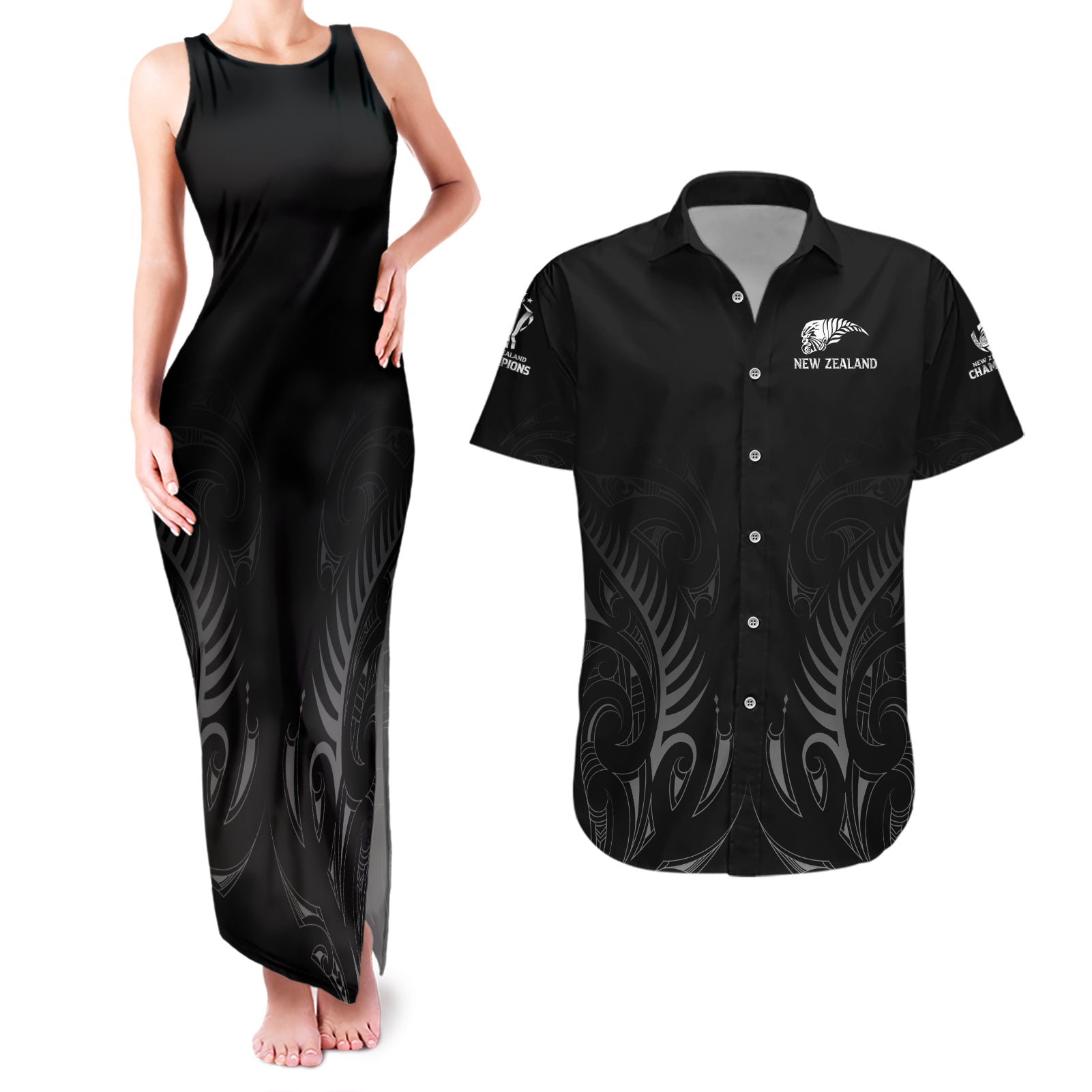 New Zealand Couples Matching Tank Maxi Dress and Hawaiian Shirt Rugby 2023 Champions Black - Wonder Print Shop