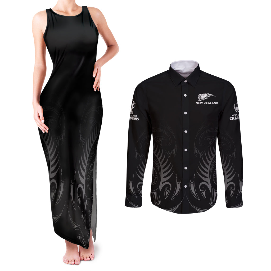 New Zealand Couples Matching Tank Maxi Dress and Long Sleeve Button Shirt Rugby 2023 Champions Black - Wonder Print Shop