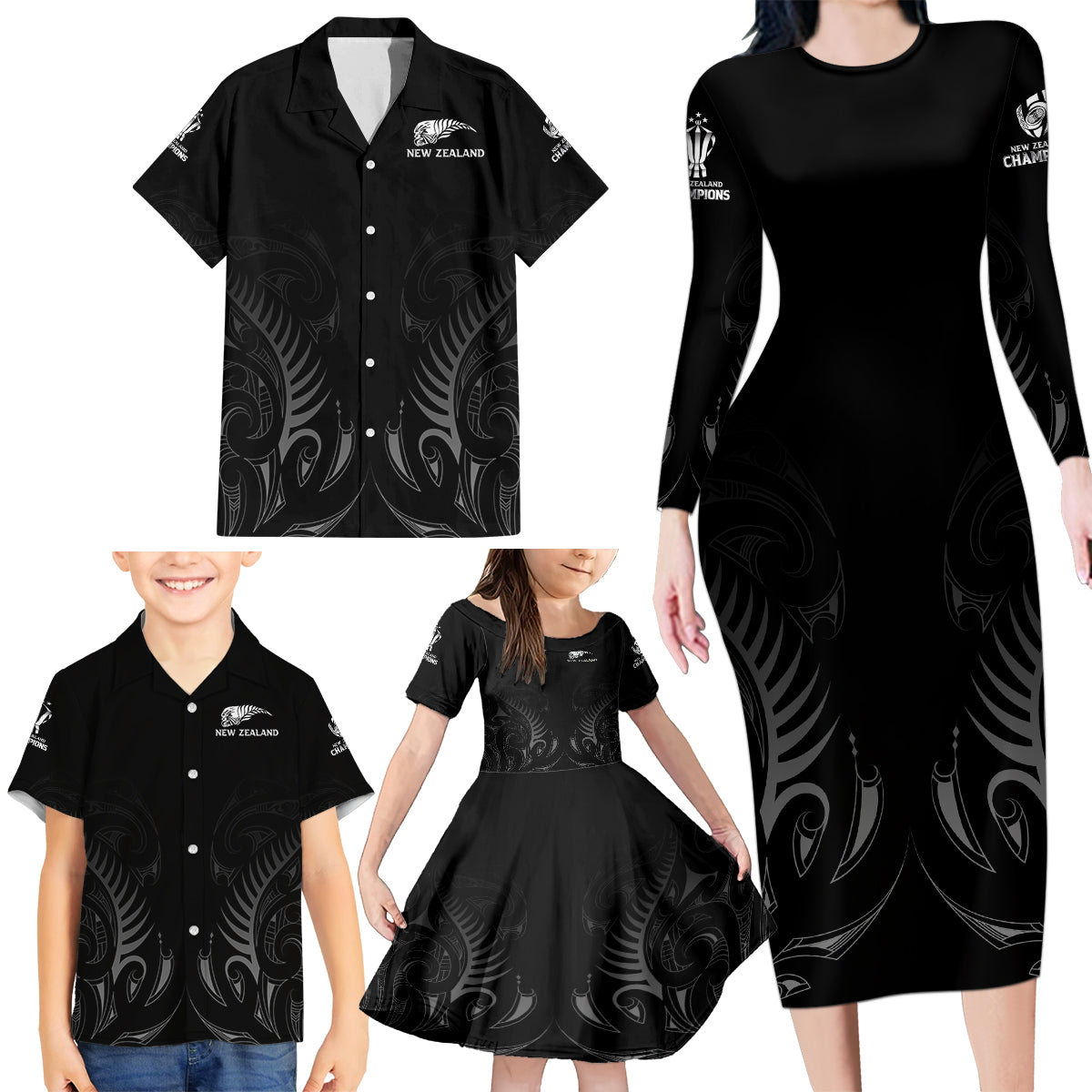 New Zealand Family Matching Long Sleeve Bodycon Dress and Hawaiian Shirt Rugby 2023 Champions Black - Wonder Print Shop