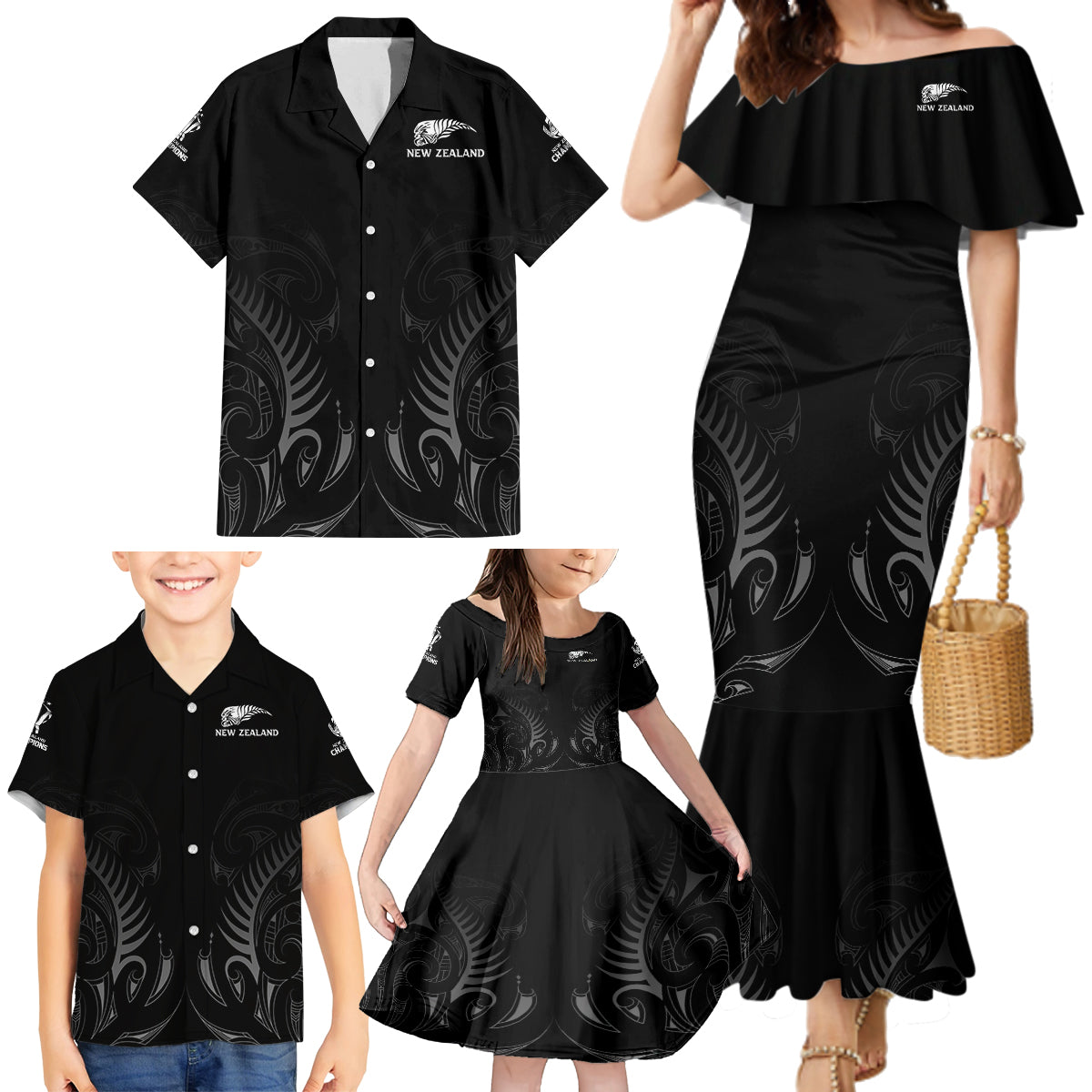 New Zealand Family Matching Mermaid Dress and Hawaiian Shirt Rugby 2023 Champions Black - Wonder Print Shop