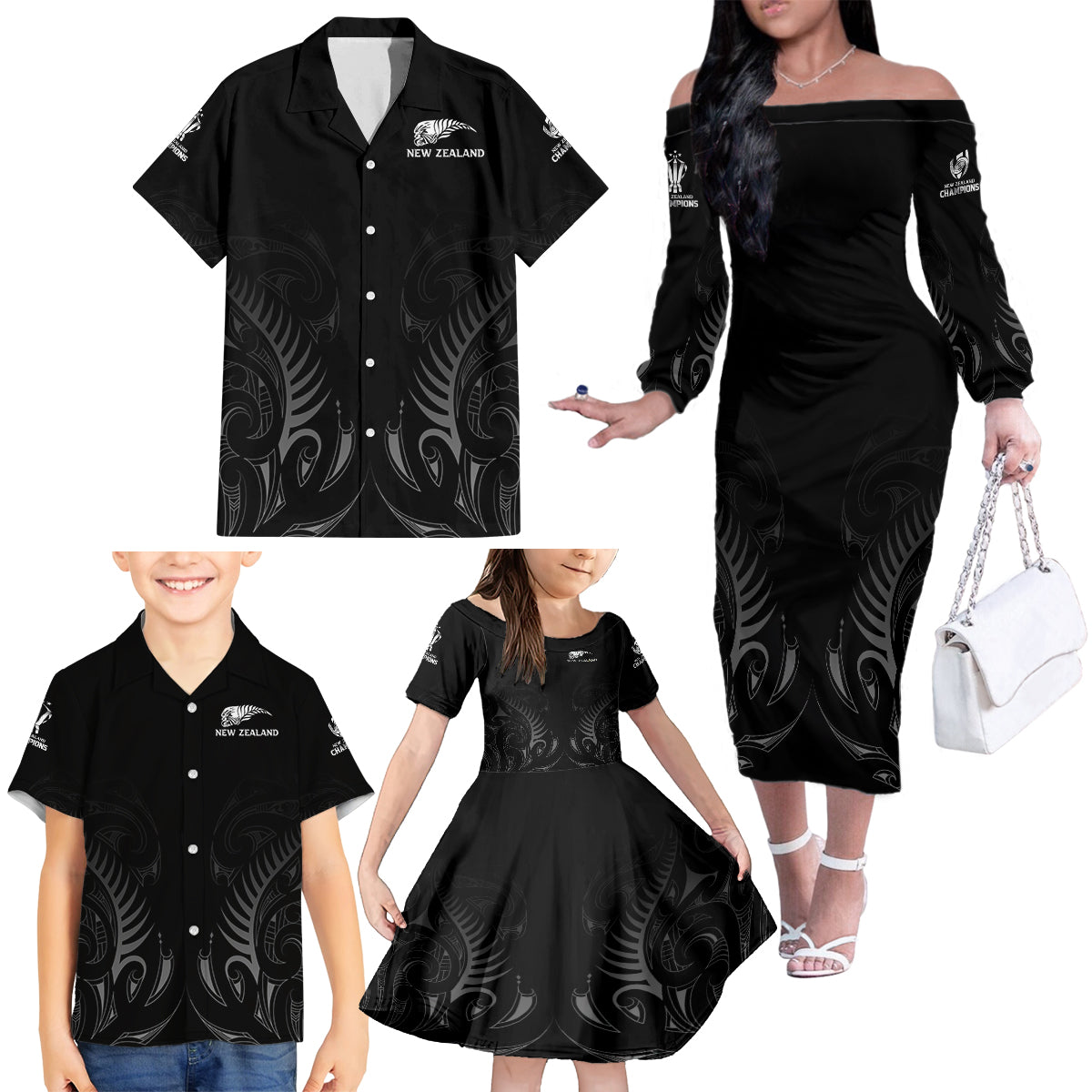 New Zealand Family Matching Off Shoulder Long Sleeve Dress and Hawaiian Shirt Rugby 2023 Champions Black - Wonder Print Shop