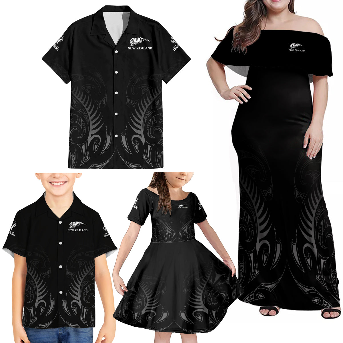 New Zealand Family Matching Off Shoulder Maxi Dress and Hawaiian Shirt Rugby 2023 Champions Black - Wonder Print Shop