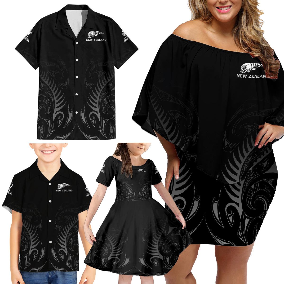 New Zealand Family Matching Off Shoulder Short Dress and Hawaiian Shirt Rugby 2023 Champions Black - Wonder Print Shop