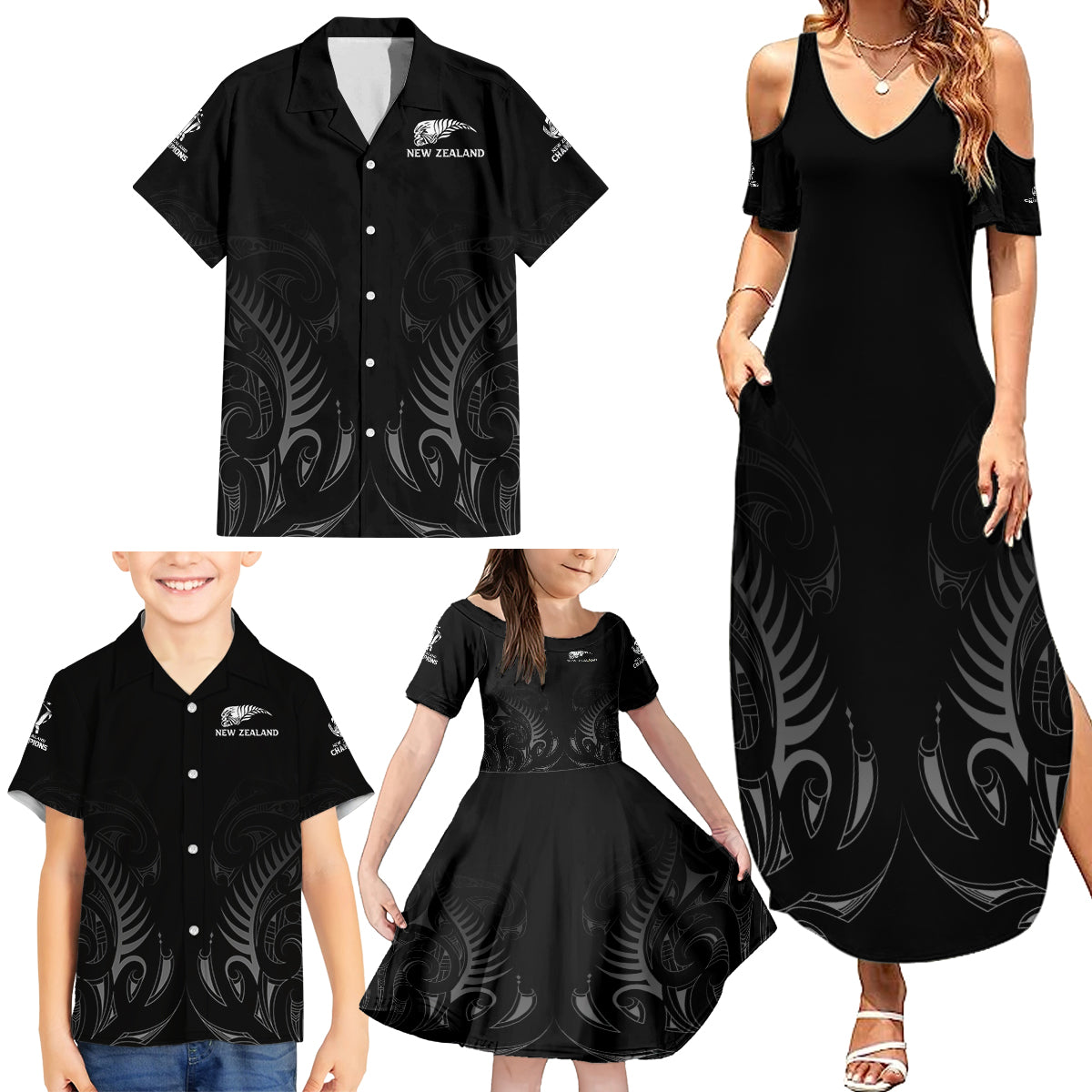 New Zealand Family Matching Summer Maxi Dress and Hawaiian Shirt Rugby 2023 Champions Black - Wonder Print Shop