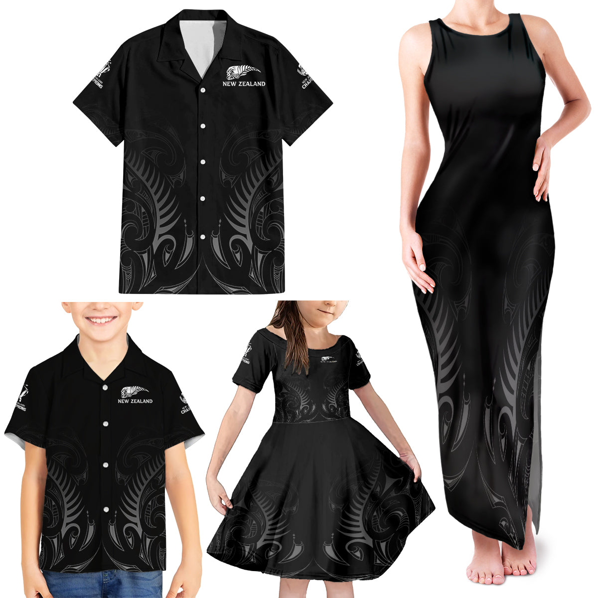 New Zealand Family Matching Tank Maxi Dress and Hawaiian Shirt Rugby 2023 Champions Black - Wonder Print Shop