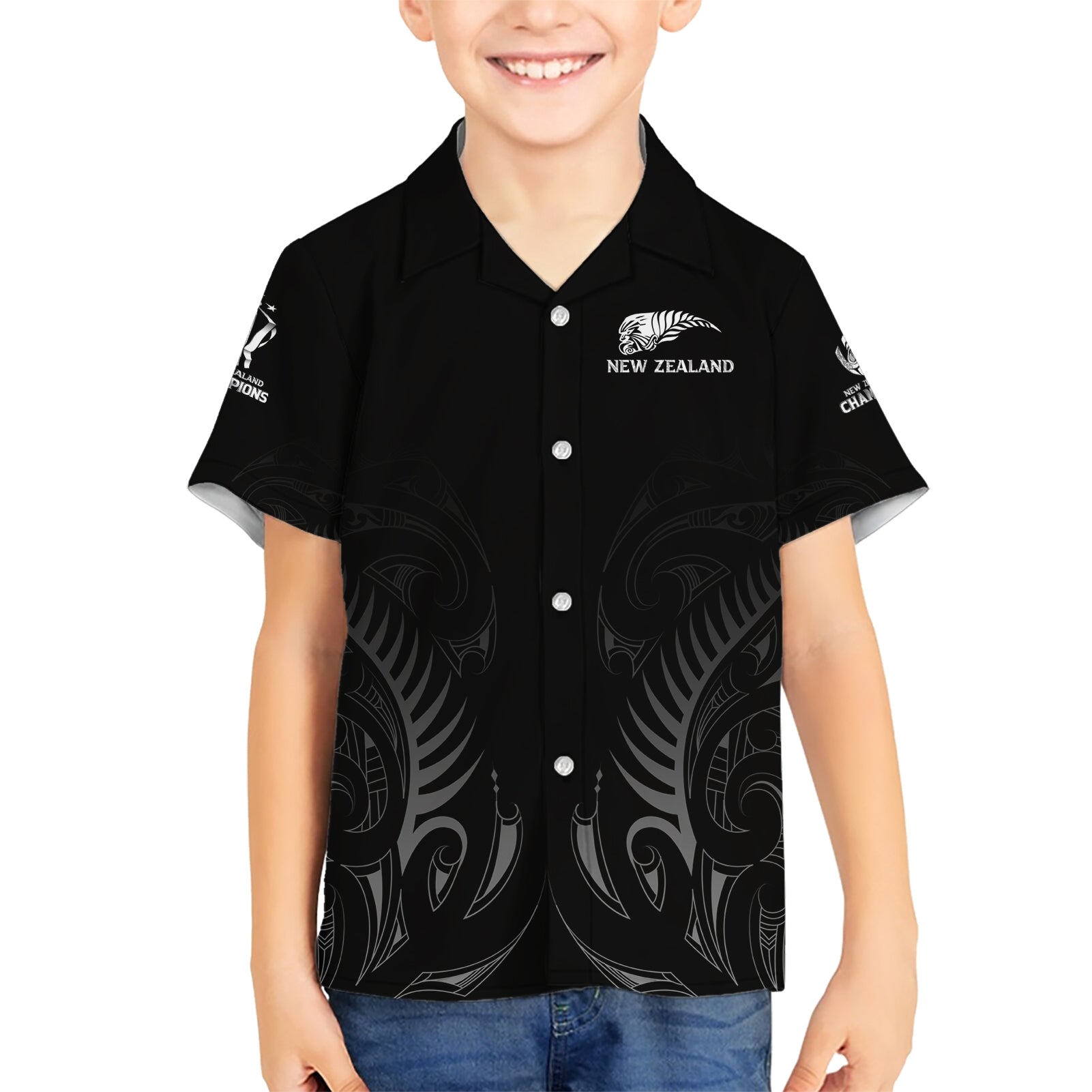 New Zealand Kid Hawaiian Shirt Rugby 2023 Champions Black - Wonder Print Shop