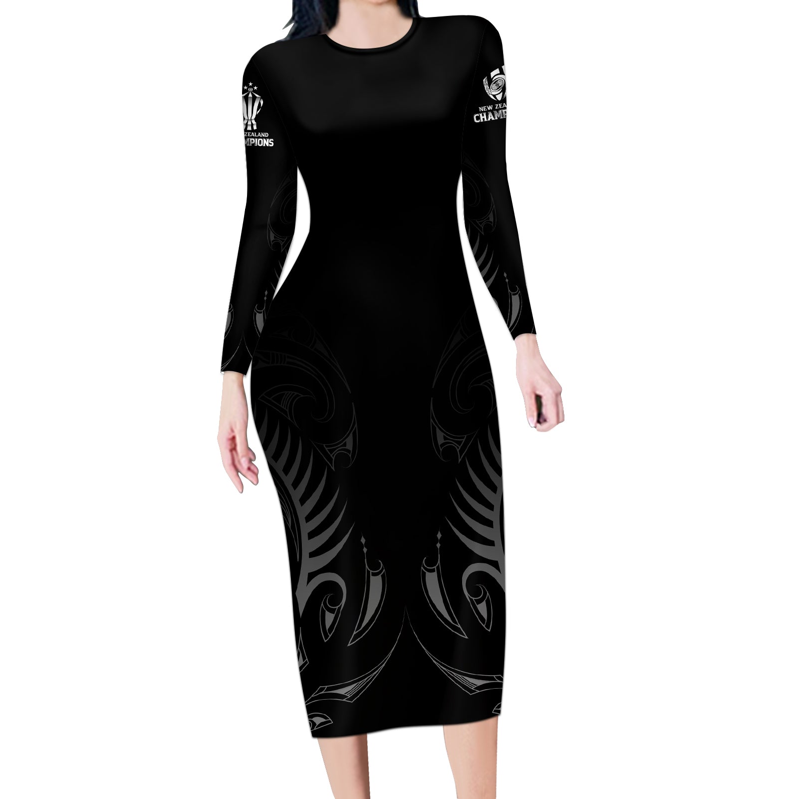 New Zealand Long Sleeve Bodycon Dress Rugby 2023 Champions Black - Wonder Print Shop