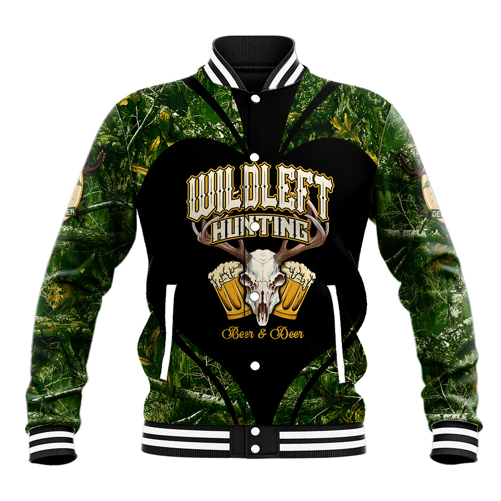 Green baseball jacket with black varsity collar and deer skull beer graphic, button front.