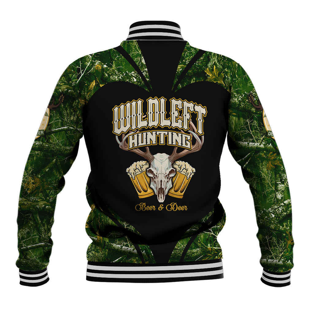 Green baseball jacket with full front deer skull emblem, striped ribbed hem and cuffs.