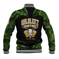 Green baseball jacket with full front deer skull emblem, striped ribbed hem and cuffs.