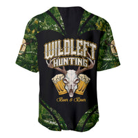 Black baseball jersey with green camouflage sleeves, deer skull, beer mugs, button front.