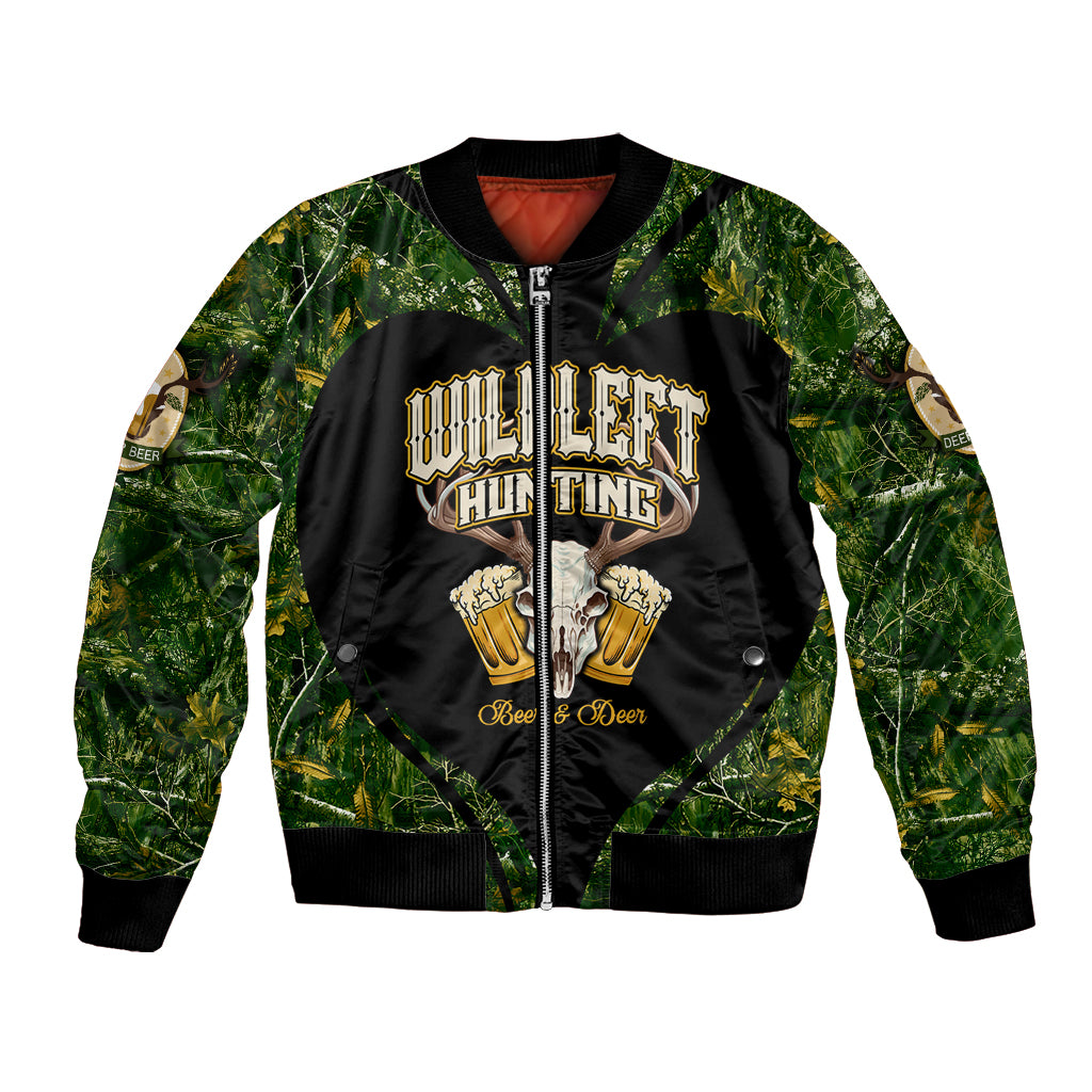 Green camo bomber jacket, black front zip, hunting deer-and-beer emblem