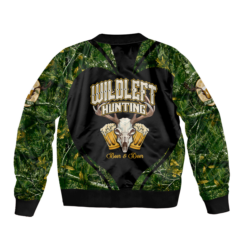 Green camo bomber jacket with hunting emblem on back, ribbed cuffs and hem