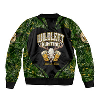 Green camo bomber jacket with hunting emblem on back, ribbed cuffs and hem