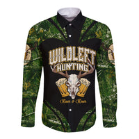 Green long-sleeve button shirt with black collar, deer skull, and beer mugs graphic.