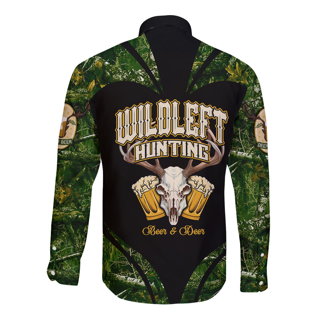Green long-sleeve button shirt with centered chest graphic, deer skull, and beer mugs.