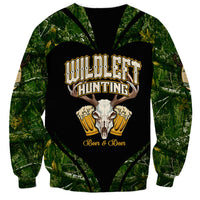 Green wildlife hunting sweatshirt with deer skull and two beer mugs; black chest print