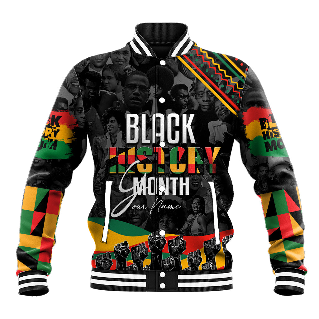 Black baseball jacket with striped collar and cuffs, multicolor sleeves, Black History Month graphic