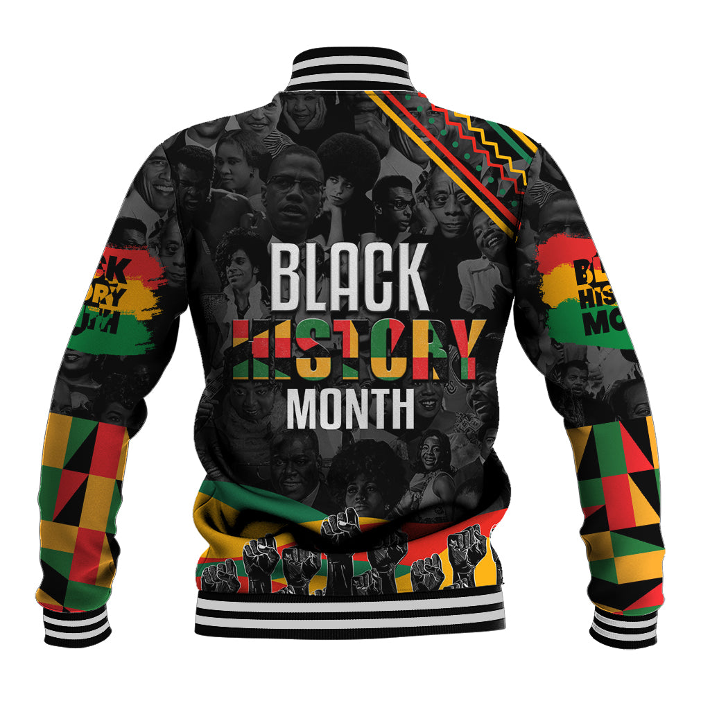 Black baseball jacket with striped collar and cuffs colorful sleeves back Black History Month print