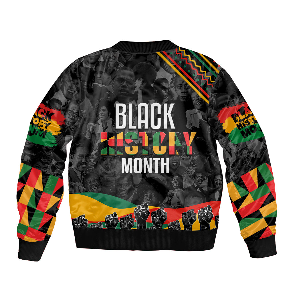 Black bomber jacket with ribbed cuffs and large centered Black History Month typography graphic