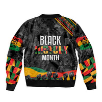 Black bomber jacket with ribbed cuffs and large centered Black History Month typography graphic