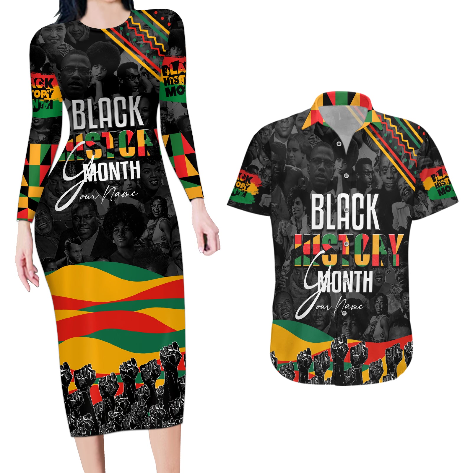 Personalized Black History Month Couples Matching Long Sleeve Bodycon Dress and Hawaiian Shirt - Wonder Print Shop