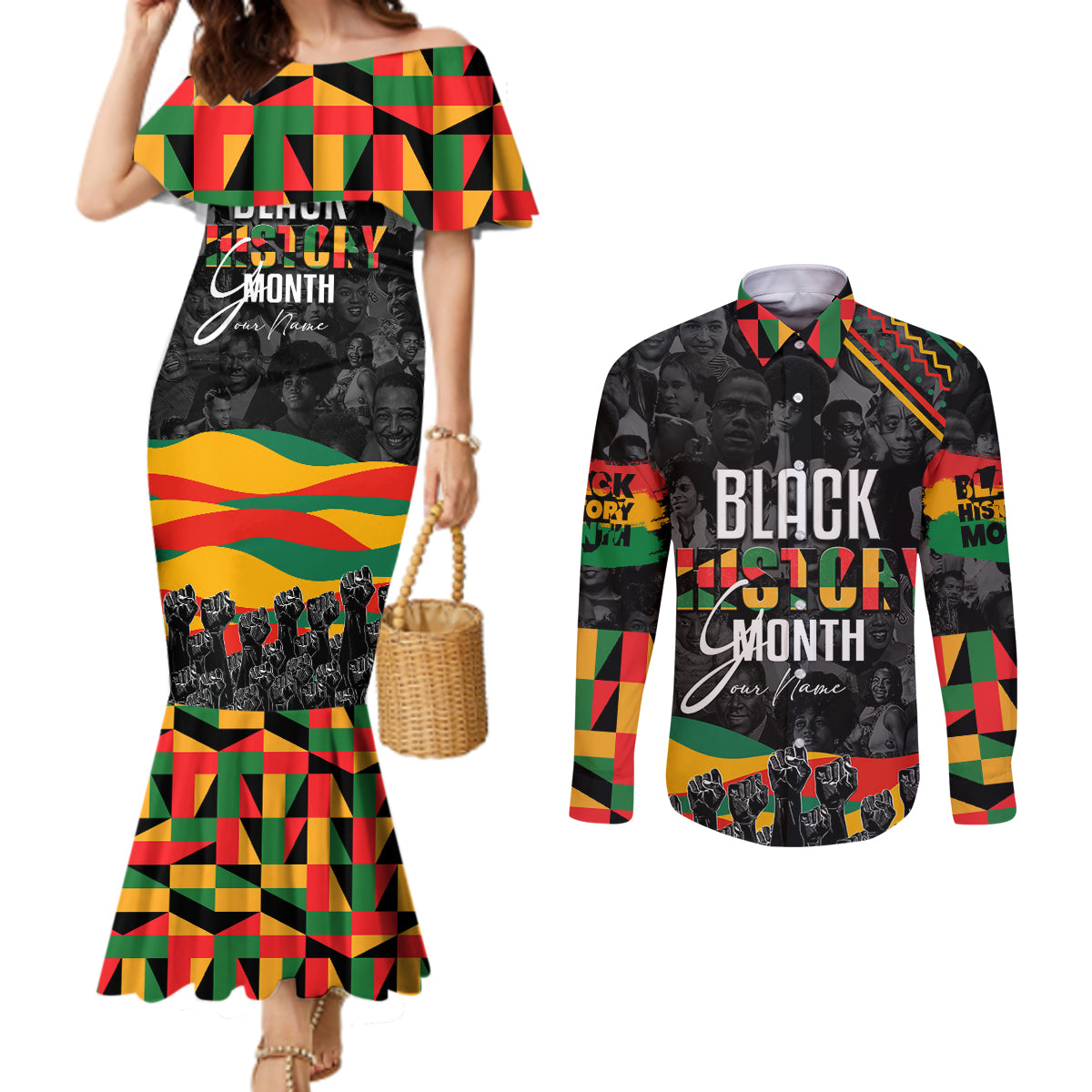 Personalized Black History Month Couples Matching Mermaid Dress and Long Sleeve Button Shirt