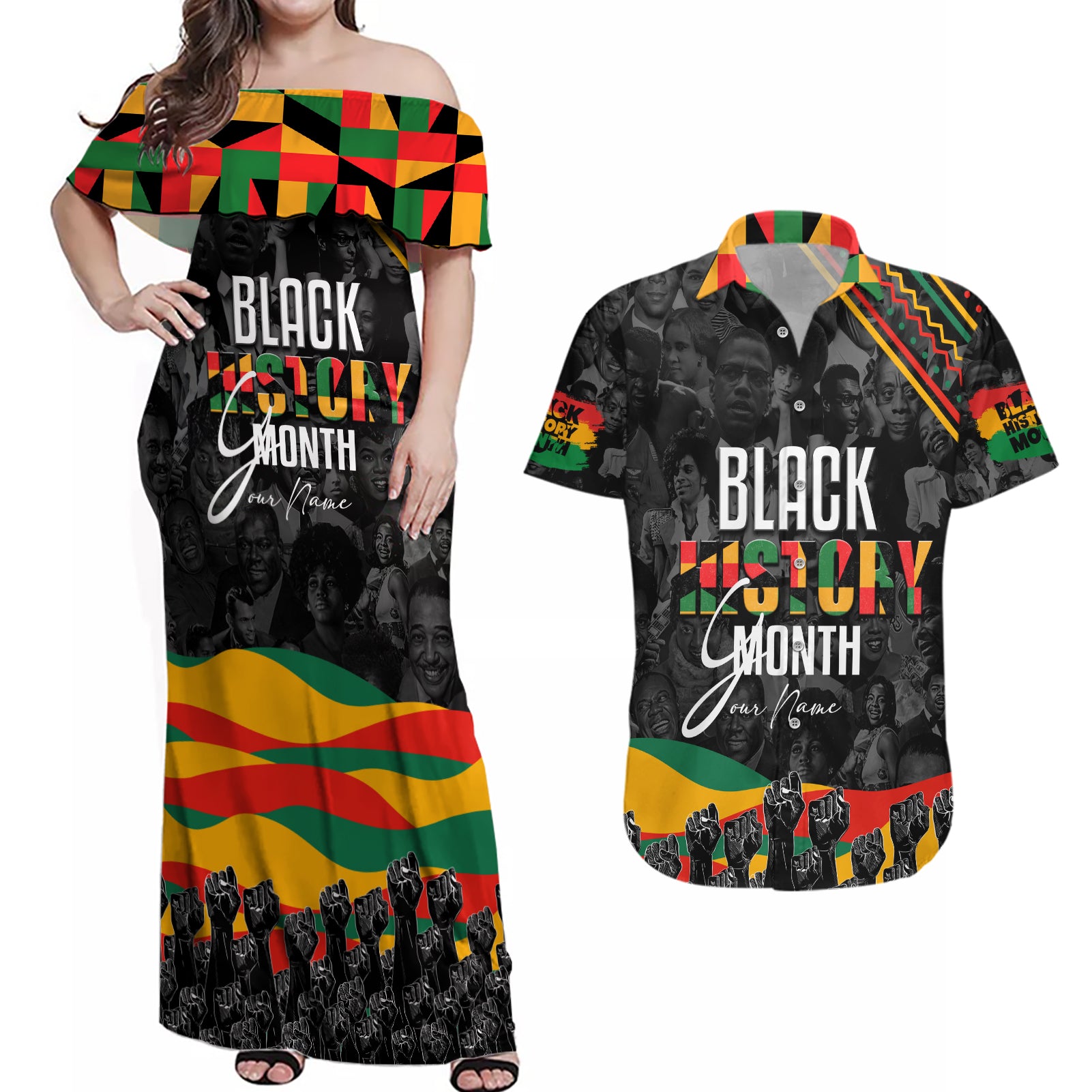 Personalized Black History Month Couples Matching Off Shoulder Maxi Dress and Hawaiian Shirt - Wonder Print Shop