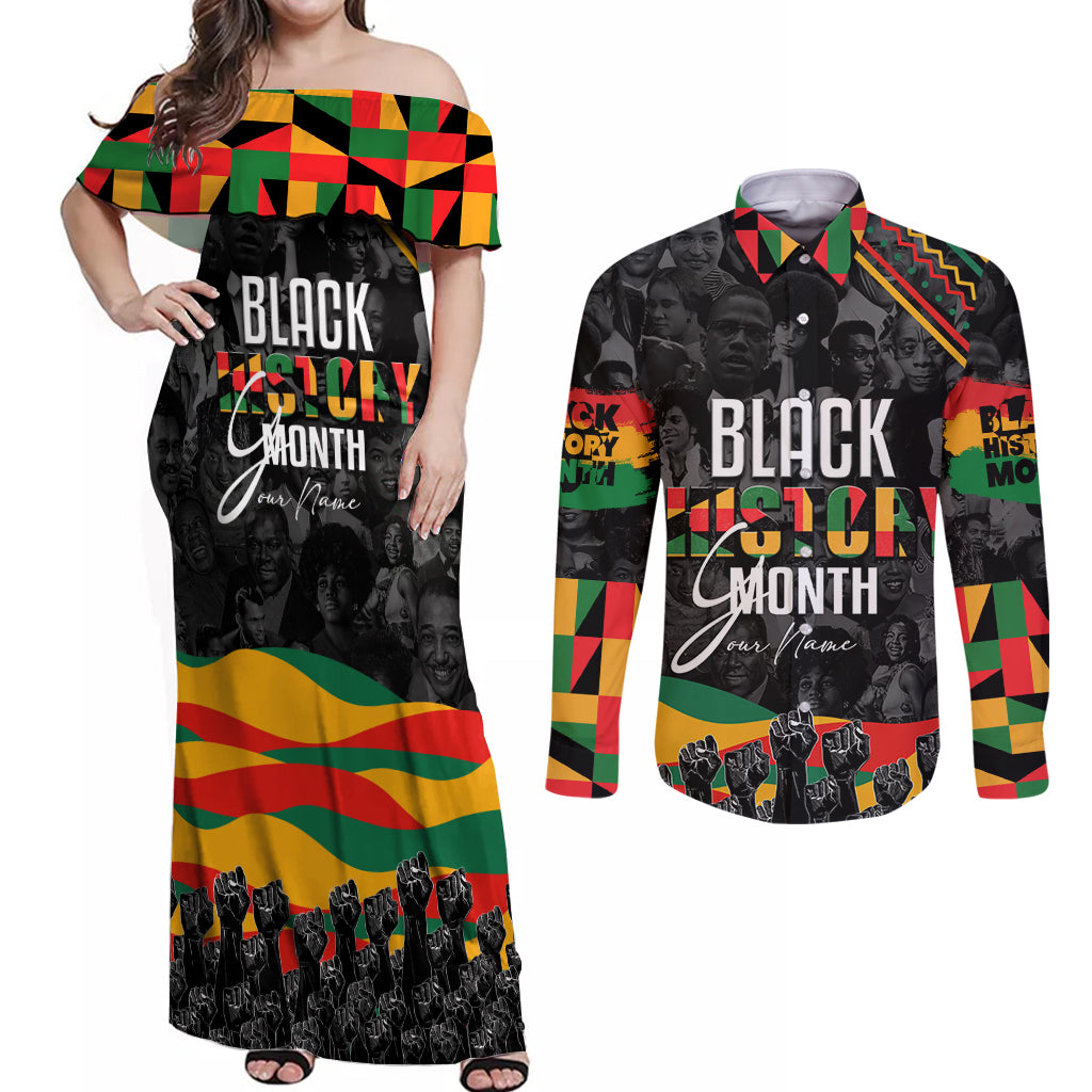 Personalized Black History Month Couples Matching Off Shoulder Maxi Dress and Long Sleeve Button Shirt - Wonder Print Shop