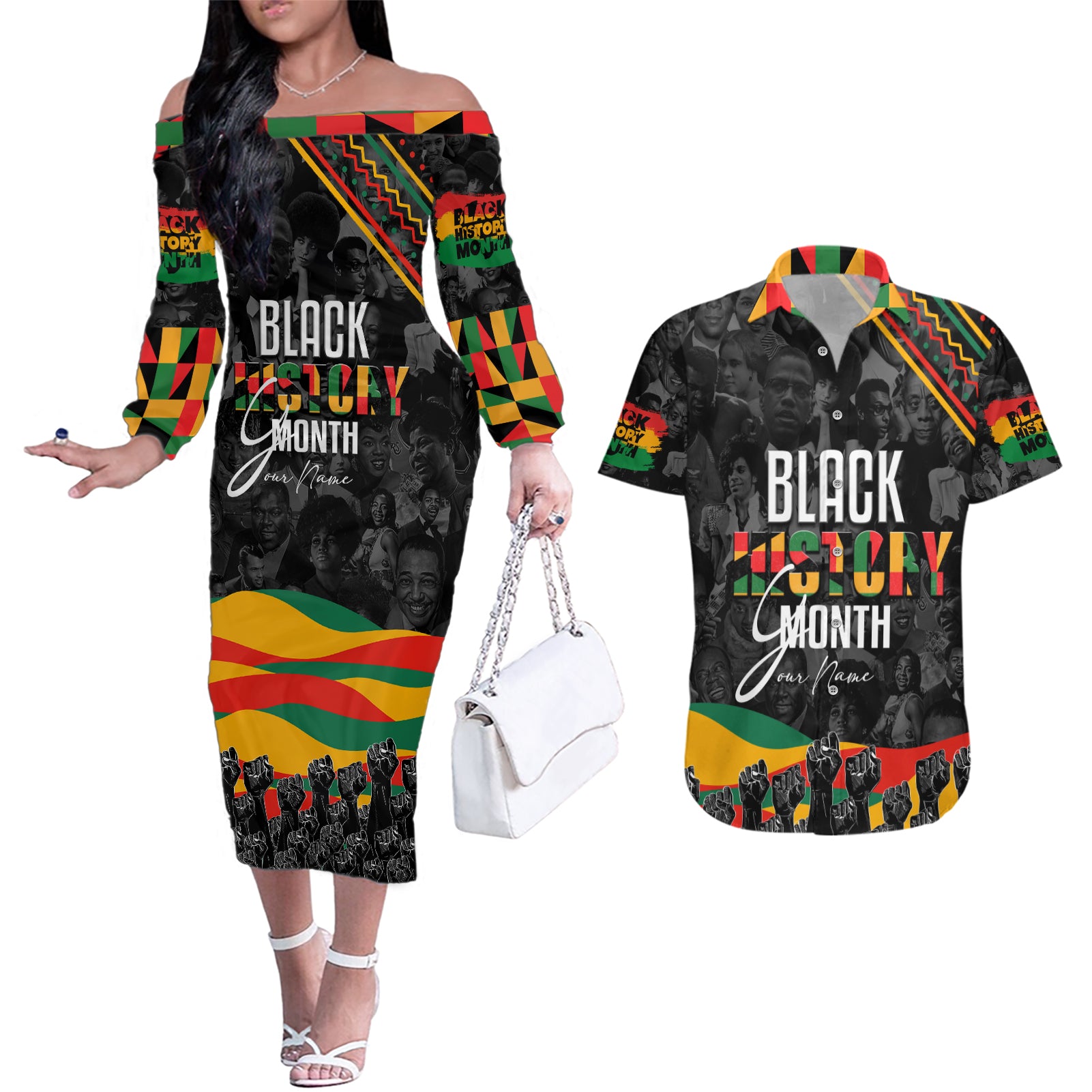 Personalized Black History Month Couples Matching Off The Shoulder Long Sleeve Dress and Hawaiian Shirt - Wonder Print Shop