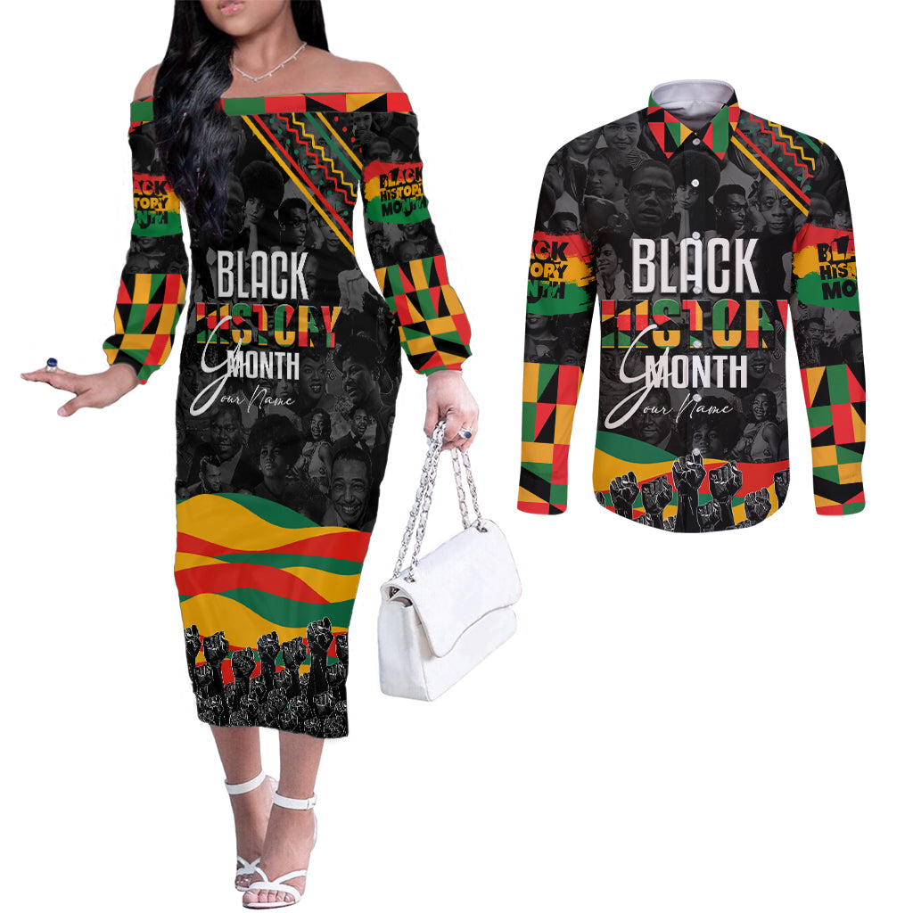 Personalized Black History Month Couples Matching Off The Shoulder Long Sleeve Dress and Long Sleeve Button Shirt