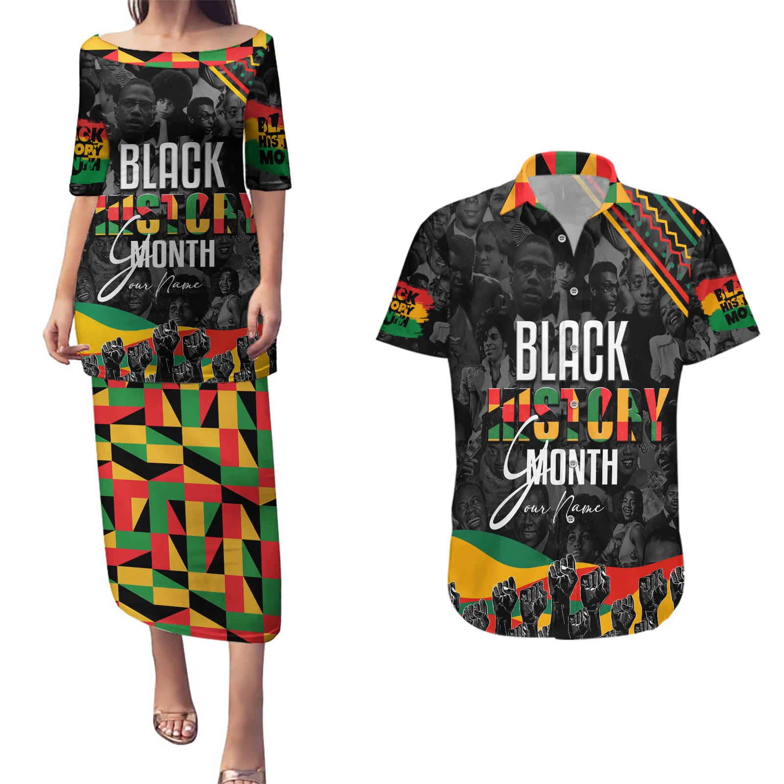 Personalized Black History Month Couples Matching Puletasi and Hawaiian Shirt - Wonder Print Shop