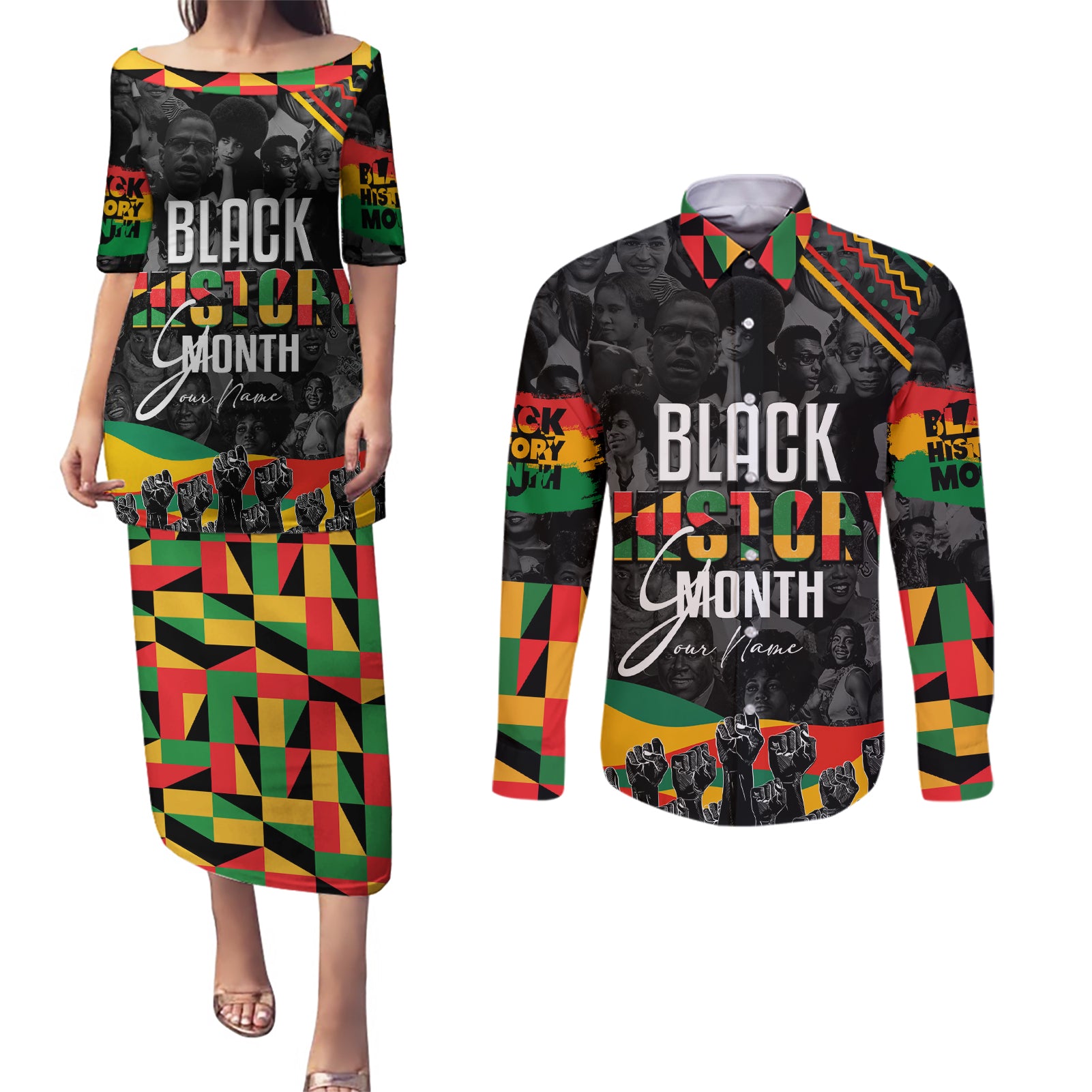 Personalized Black History Month Couples Matching Puletasi and Long Sleeve Button Shirt - Wonder Print Shop