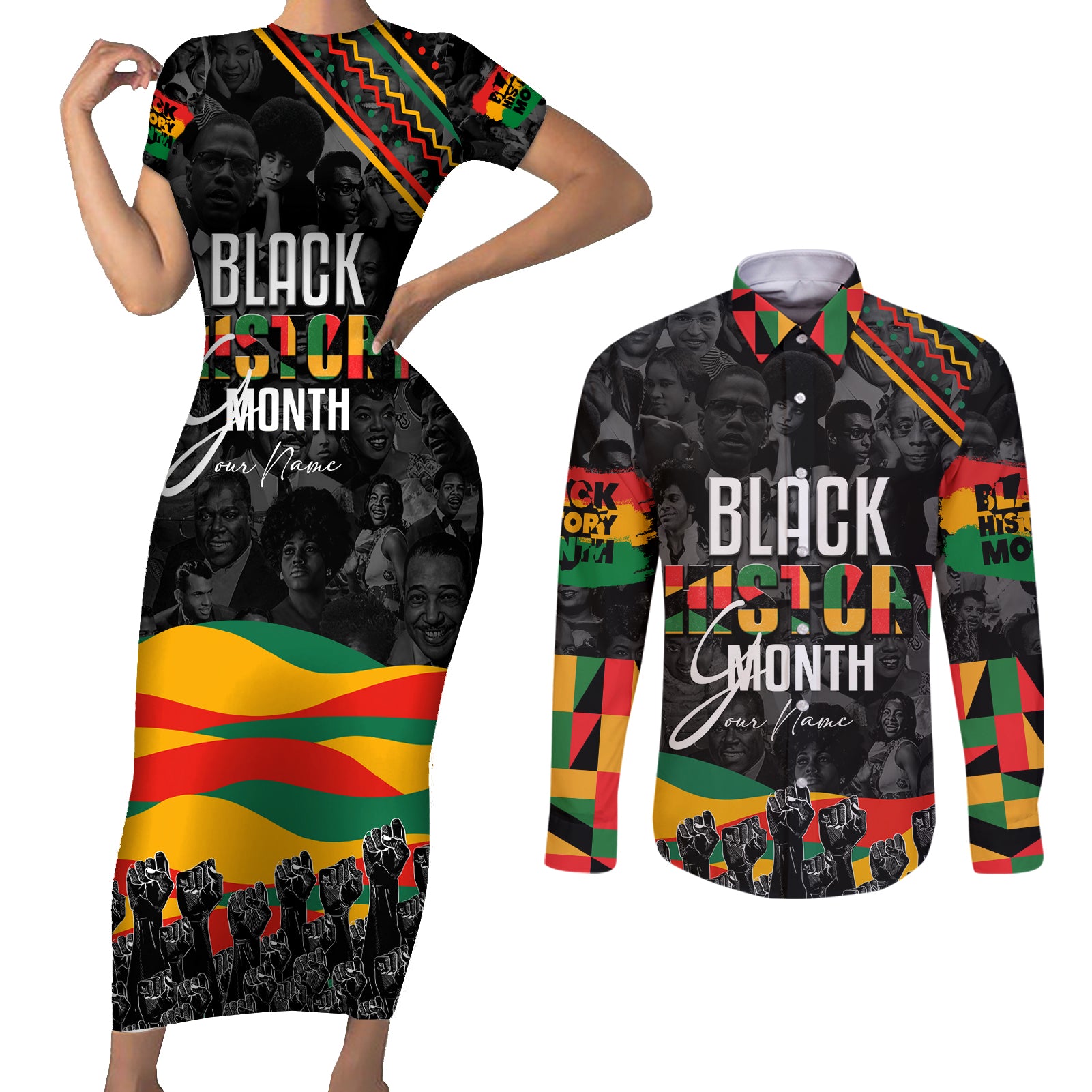 Personalized Black History Month Couples Matching Short Sleeve Bodycon Dress and Long Sleeve Button Shirt - Wonder Print Shop